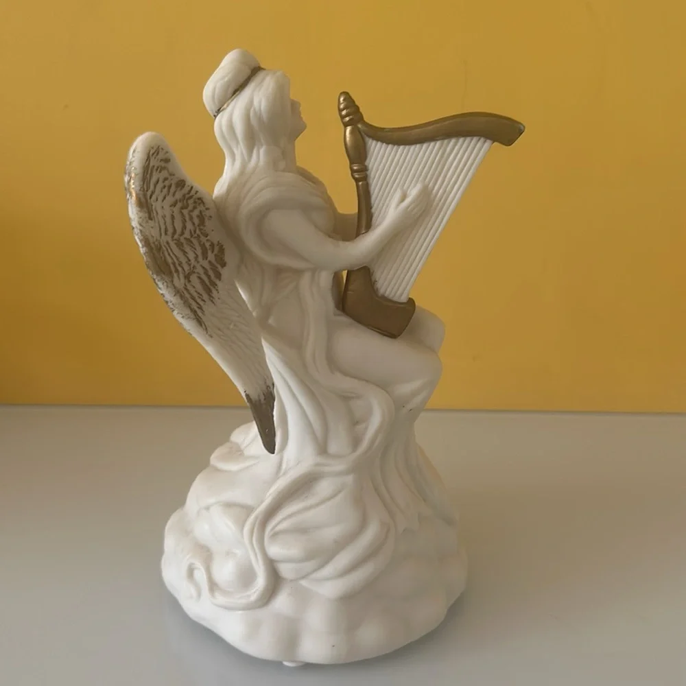 Set of 2 White Ceramic Angel Figurines w/ Harp and Violin Table Décor Sculptures